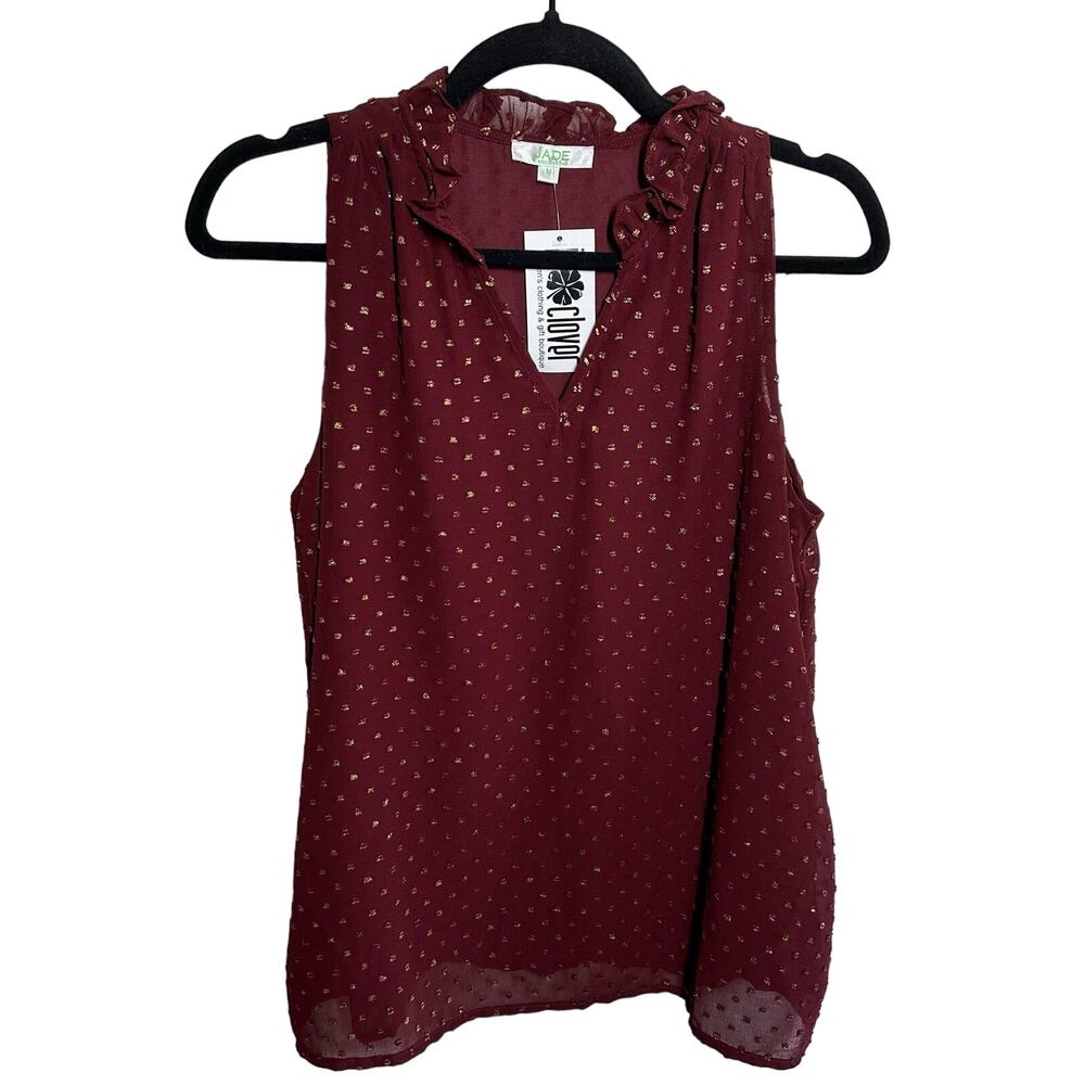 NEW Jade Melody Tam Women's Maroon Gold Swiss Dot Ruffle Tank Top Size Medium